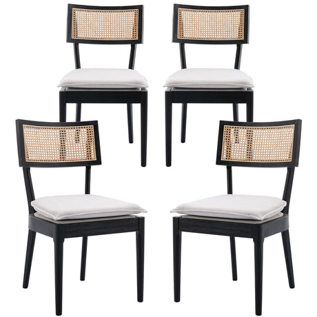 QUINJAY Rattan Farmhouse Dining Chairs Set of 4, Linen French Country Dining Chairs with Hollow Back, Double Upholstered Dining Room Chairs Rustic Kitchen Chairs with Wood Frame for Living Room, Black QUINJAY