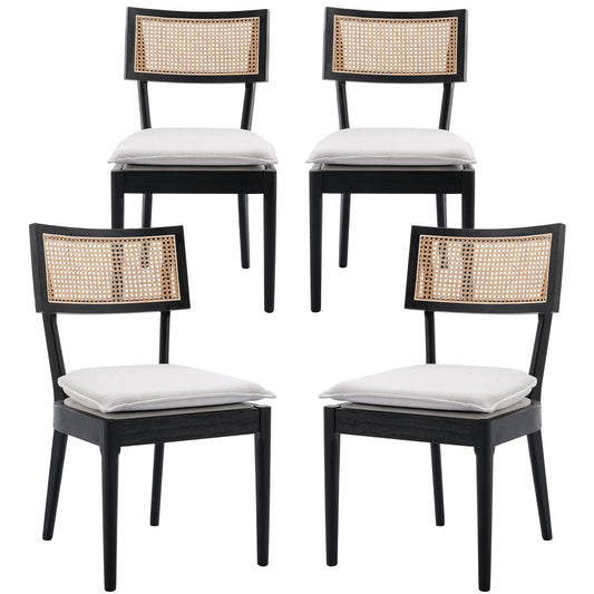 QUINJAY Rattan Farmhouse Dining Chairs Set of 4, Linen French Country Dining Chairs with Hollow Back, Double Upholstered Dining Room Chairs Rustic Kitchen Chairs with Wood Frame for Living Ro - WoodArtSupply