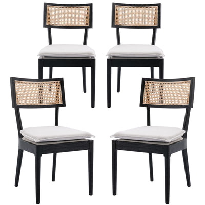 QUINJAY Rattan Farmhouse Dining Chairs Set of 4, Linen French Country Dining Chairs with Hollow Back, Double Upholstered Dining Room Chairs Rustic Kitchen Chairs with Wood Frame for Living Room, Black