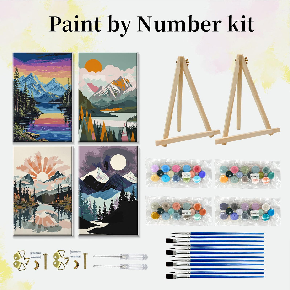 JOOZ 4 Pack Paint by Numbers Kit for Adults with Frame Mountain Landscape Paint by Number with Easel DIY Lake Adult Paint by Number Kits Sunset Easy Oil Painting Kits for Home Wall Decor 8x12 Inch JOOZ