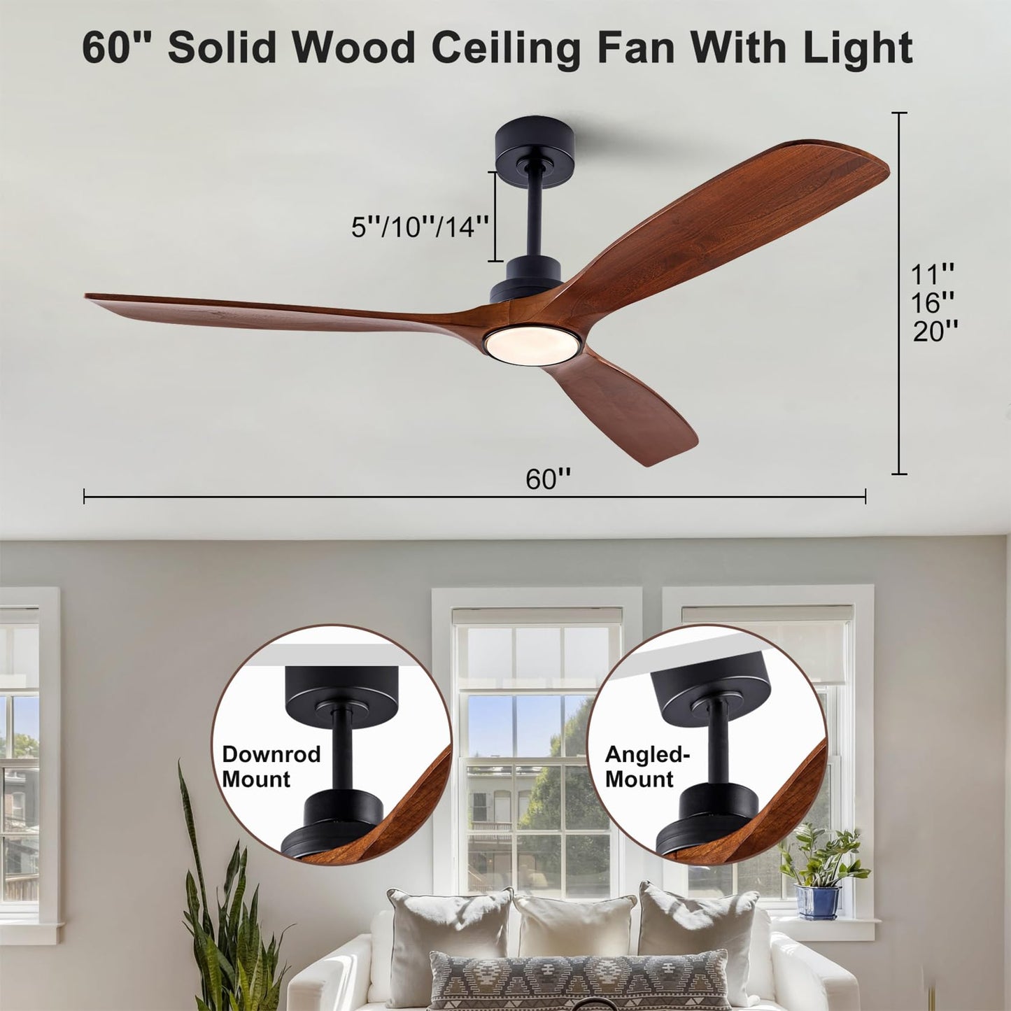 QUTWOB 60" Wood Ceiling Fan with Lights Remote Control,Quiet DC Motor 3 Blade Ceiling Fans for Patio Living Room, Bedroom, Office,Indoor Outdoor(Black+Walnut)