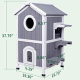 GEGURI Outdoor Cat House Weatherproof, Wooden Two-Story Feral Cat Shelter with Openable Roof, Escape Door, Balcony GEGURI