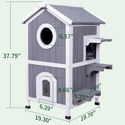 GEGURI Outdoor Cat House Weatherproof, Wooden Two-Story Feral Cat Shelter with Openable Roof, Escape Door, Balcony - WoodArtSupply