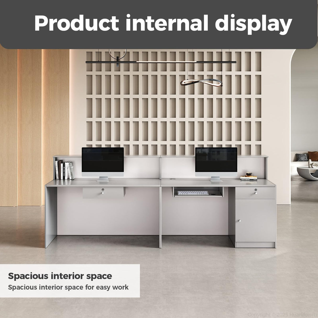 Huariifowm Modern Reception Counter, Office Reception Stand with Drawers Front Desk Reception Room Table with Keyboard Holder for Office (Grey/Regular Type, 86.61" L*23.62" W*39.37" H) Huariifowm