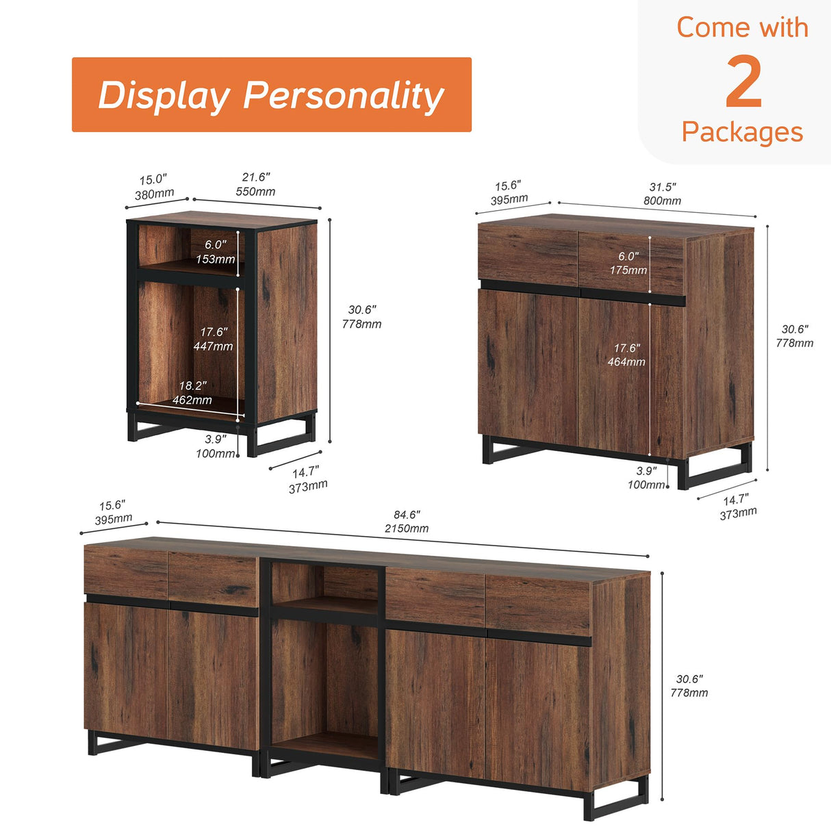 WAMPAT TV Stand for TVs up to 90 inch, 3 in 1 Modern Entertainment Center with Metal Base & 2 Adjustable Shelves, TV Console for Living Room,Brown WAMPAT