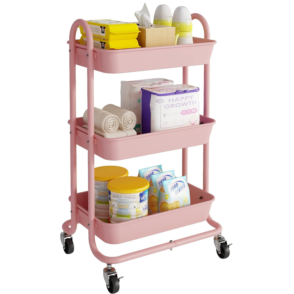 Elitehouse 3-Tier Pink Utility Rolling Cart,Kitchen Storage Carts with Wheels and Plastic Baskets,Pink Rolling Cart for Office,Home,Kitchen,Garden（18"x11.4"x31.2"） Elitehouse