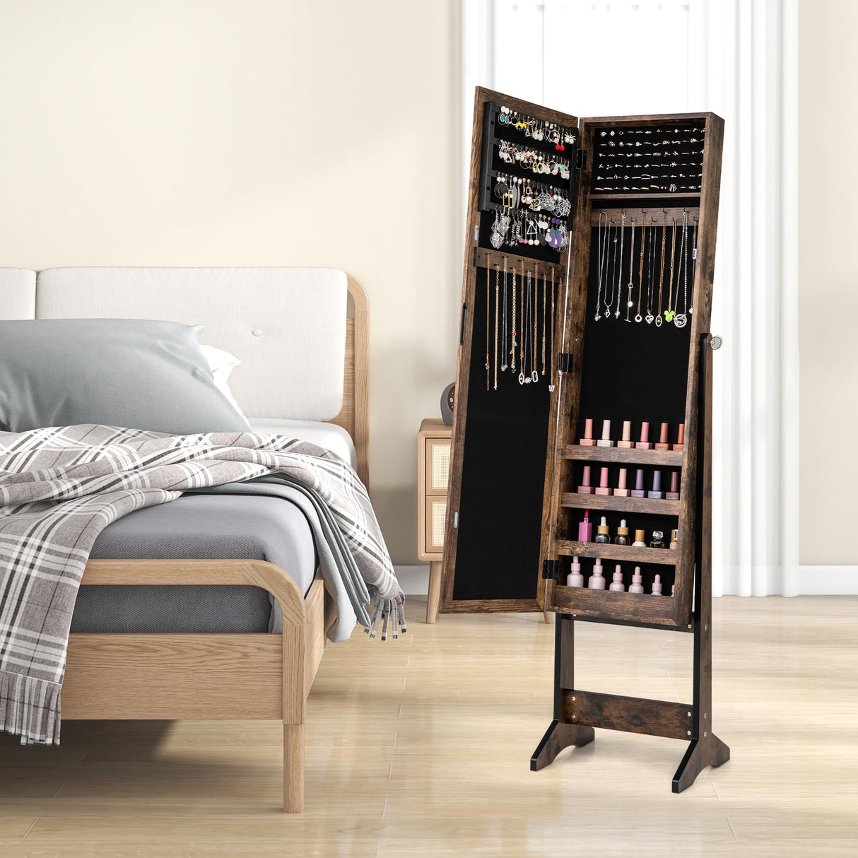 Giantex Jewelry Cabinet with Full-Length Mirror, Standing Jewelry Armoire Organizer with 64 Earring Slots, 20 Necklace Hooks, 72 Ring Slots, 4 Storage Shelves, 3 Angle Adjustable, Rustic Brown Giantex