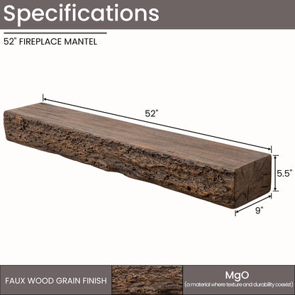 FLYJOE Faux Wood Fireplace Mantel Shelf 52” Long Floating Shelf Wall-Mounted Mantel Fire-Proof Raw Edge Rustic Wood Wall Storage Decor, Brown 52”Wx9”Dx5.5”H