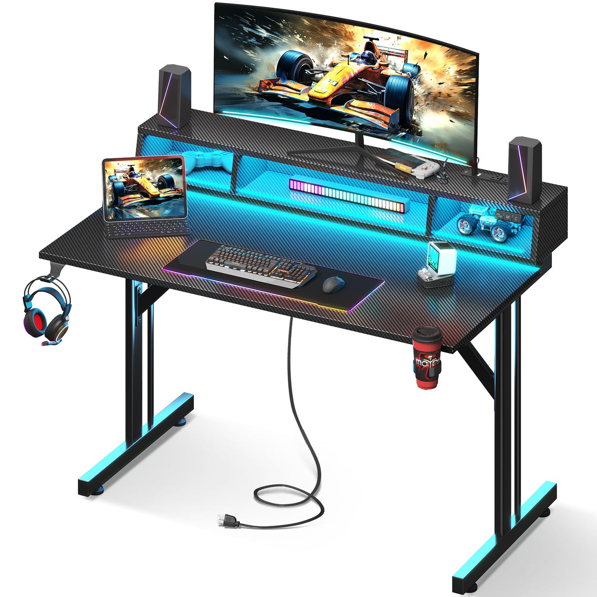 MOTPK 40 inch Gaming Desk with LED Lights & Power Outlets, Small Computer Gaming Table with Float Monitor Stand, Kids Boys Desk with Carbon Fiber Texture MOTPK