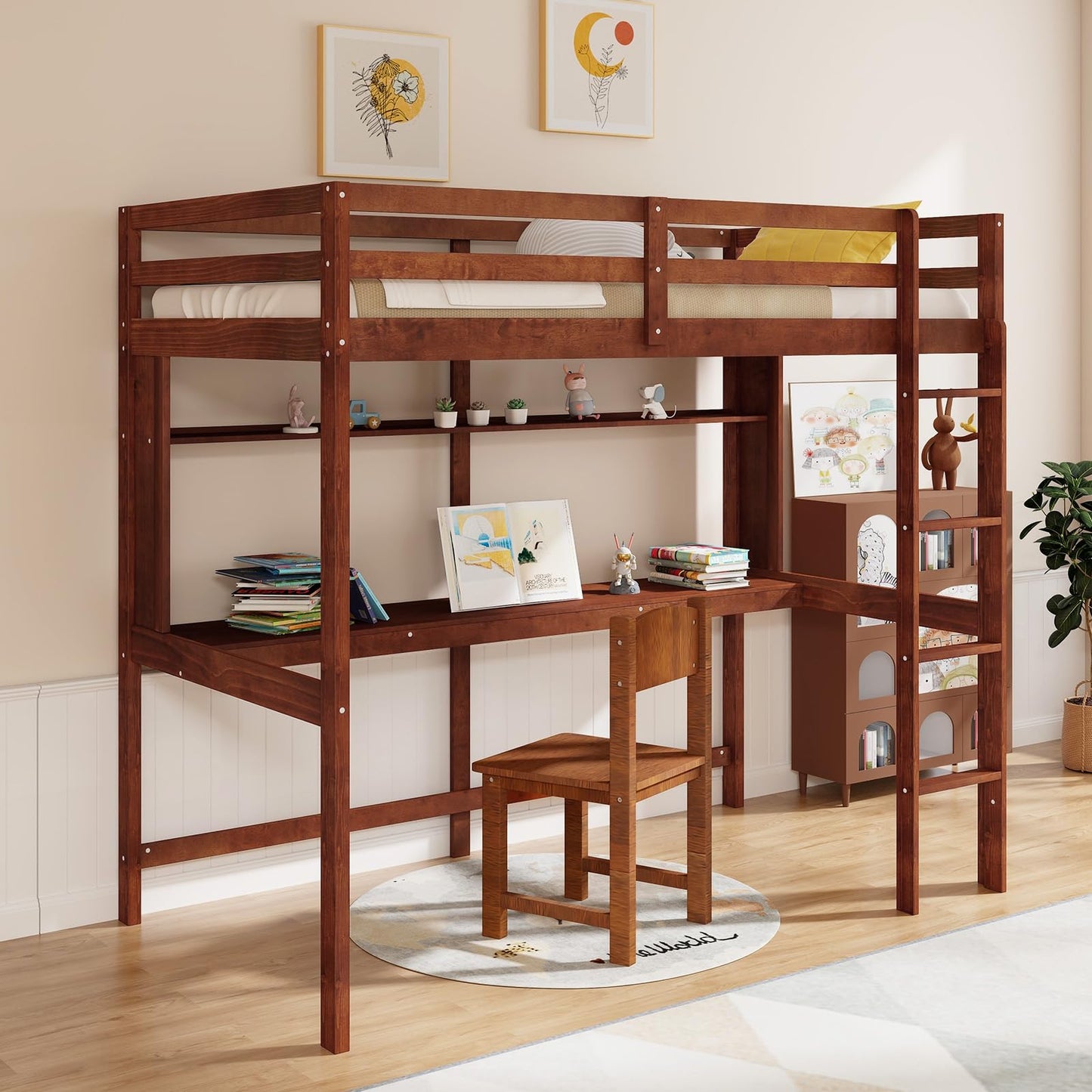 Giantex Walnut Twin Loft Bed with Integrated Desk and Bookshelf for Kids - WoodArtSupply