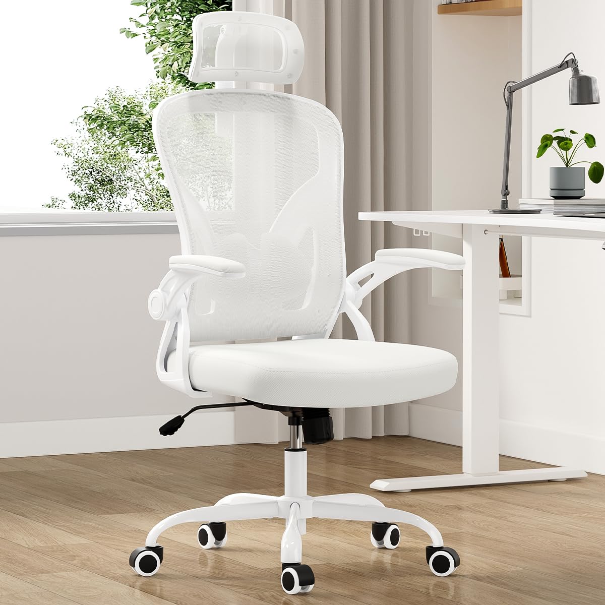 Farini Ergonomic Office Chair, Home Office Desk Chair with Headrest, High Back Computer Chair with Flip-up Armrests and Adjustable Lumbar Support for Home Office Study Room (with Headrest, All-White) Farini
