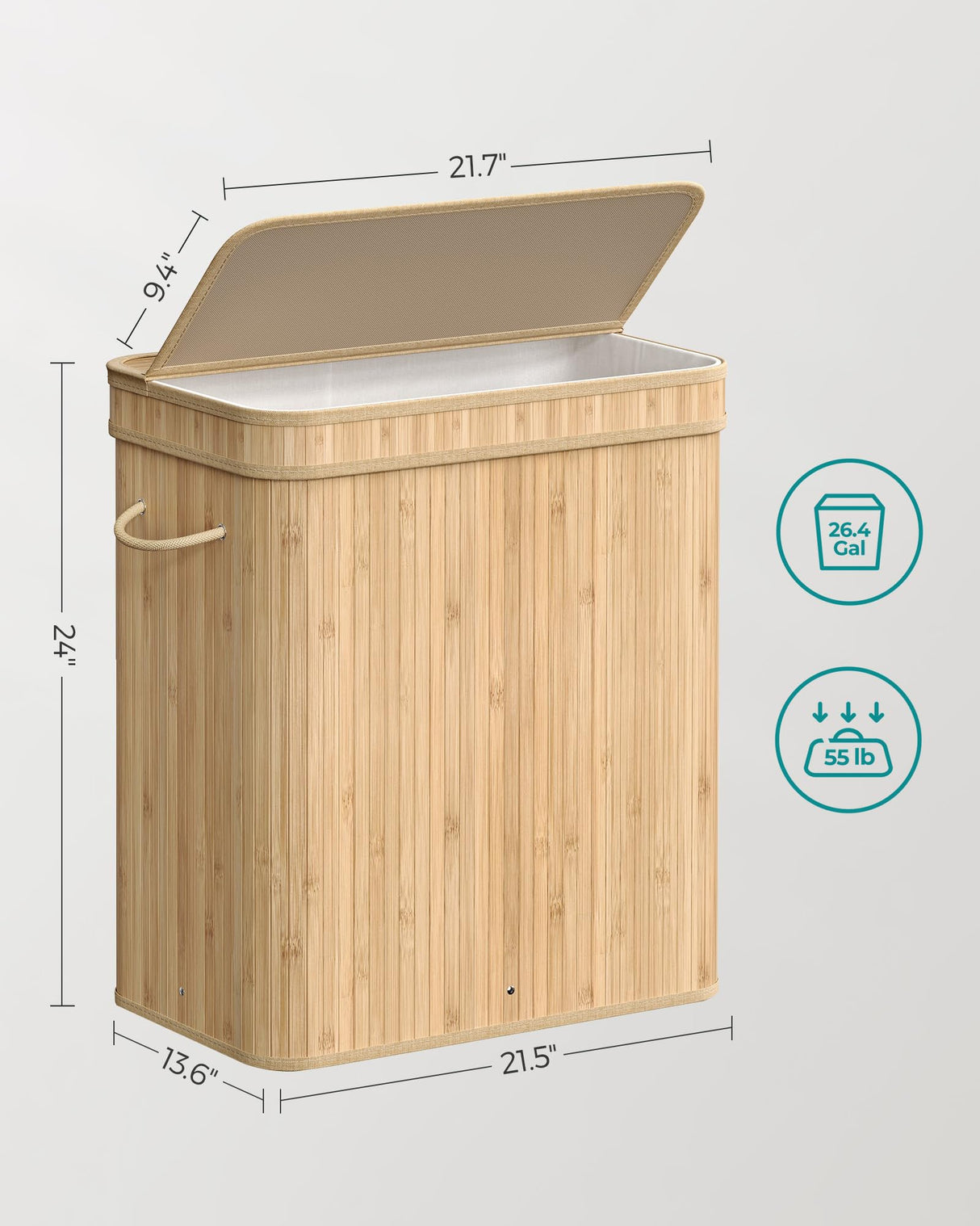 SONGMICS Laundry Hamper with Lid, Bamboo Laundry Basket, Removable Machine Washable Laundry Basket, with Handles, 26.4-Gallons, for Laundry Room, Bedroom, Bathroom, Natural ULCB063N01 SONGMICS