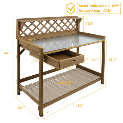 Ketive Garden Potting Bench with Metal Tabletop,Outdoor Potting Table Workstation Benches with Drawer/Storage Shelf，Fir Wood Potting Station Work Table with Open Shelf,Lattice Back(Grey)