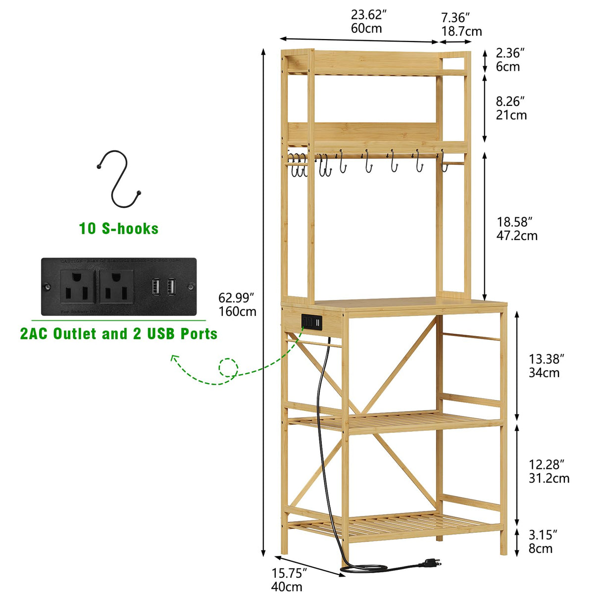 Trironsun Bamboo Bakers Rack with Charging Station 5-Tier Microwave Stand with Open Storage Shelves with 10 S-Shaped Hooks Coffee Bar Table Kitchen Utility Storage Shelf (Nature) Trironsun