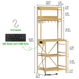 Trironsun Bamboo Bakers Rack with Charging Station 5-Tier Microwave Stand with Open Storage Shelves with 10 S-Shaped Hooks Coffee Bar Table Kitchen Utility Storage Shelf (Nature) Trironsun