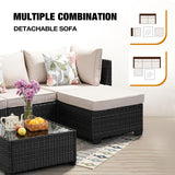 JOYURE 5 Pieces Patio Furniture Set All-Weather Outdoor Wicker Sectional Conversation Sofa Rattan Patio Seating Sofa with Cushion and Glass Table and Ottoman for Porch,Beige JOYURE