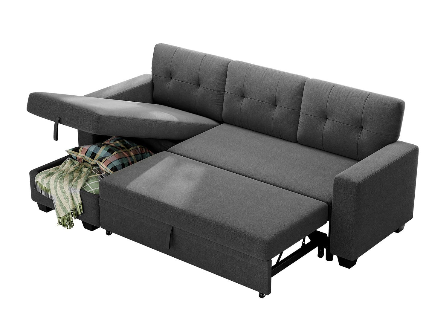 Shahoo Sofa Bed Reversible Convertible Sleeper Pull Out Couches with Storage Chaise, Linen Fabric Furniture for Living Room, Bedroom, Apartment, Dark Gray