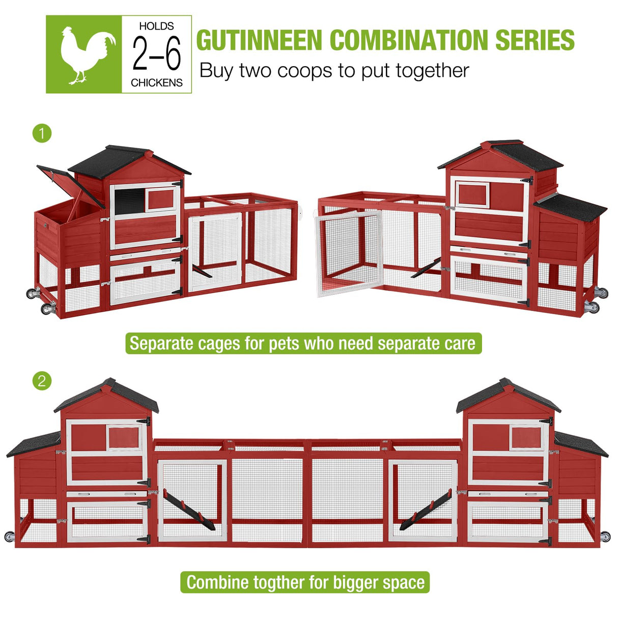 GUTINNEEN Chicken Coop Mobile Chicken House with Wheels Expandable Wooden Hen House 80.7" Outdoor Rabbit Hutch Movable with Large Nesting Box for 2-4 Chickens (Red) GUTINNEEN