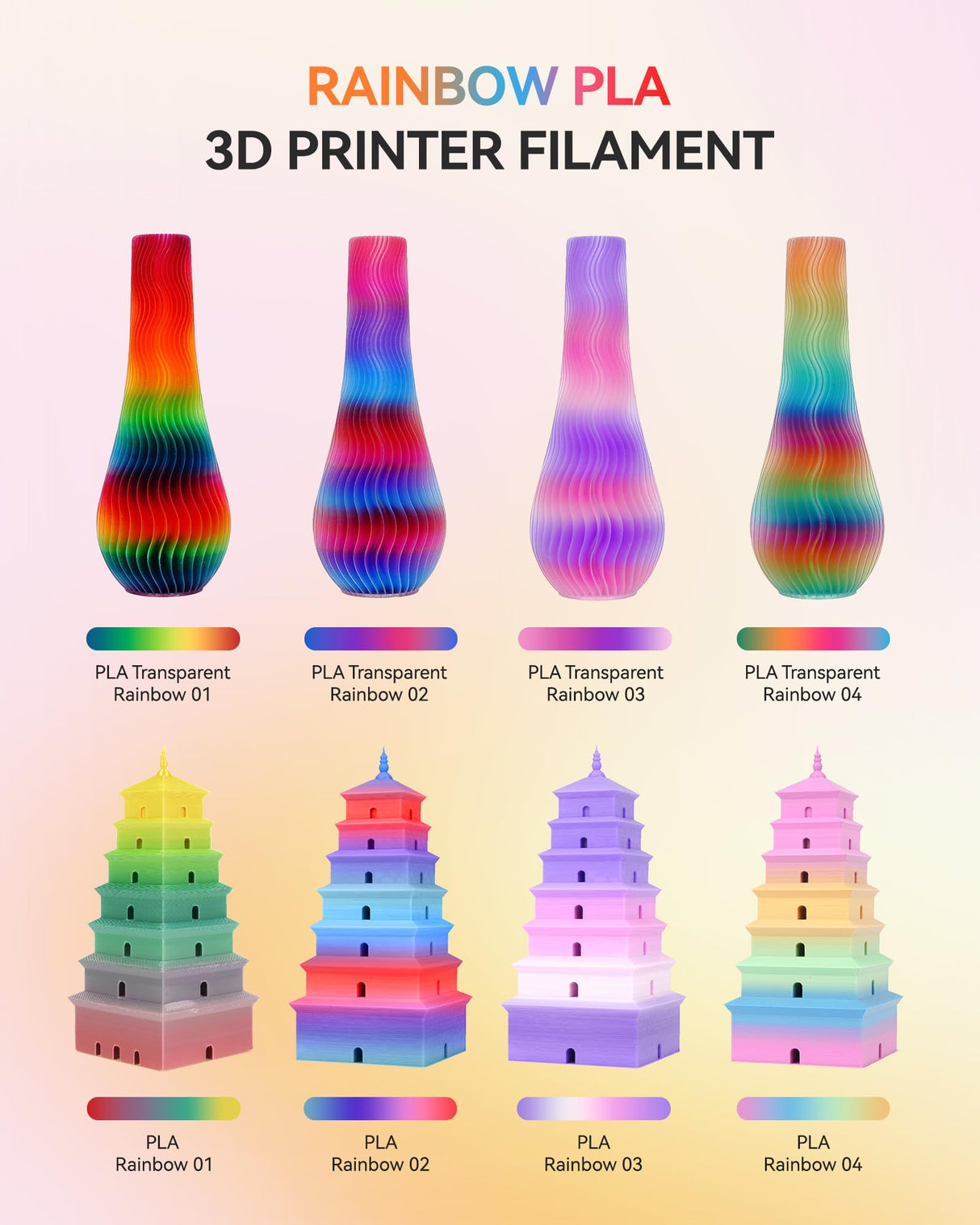 TECBEARS 250G PLA Rainbow Filament, PLA 3D Printer Filament Rainbow, Neatly Wound PLA Bundle, Fast Color Change Each 8 Meters, Dimensional Accuracy +/- 0.02mm, 4 Pack 250g Spool TECBEARS