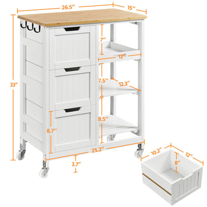 Yaheetech Kitchen Island Cart on Wheels with Bamboo Countertop, Rolling Serving Utility Trolley Cart with 3 Drawers, 3 Removable Shelves & Lockable Casters, Storage Cabinet for Dining Room, Bar, White