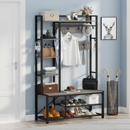 BON AUGURE Industrial Hall Tree with Bench and Shoe Storage, Grey Entryway Bench with Coat Rack, Wooden Metal Coat Tree with Hooks, 5 In 1 Multifunctional Shoe Bench and Wall Rack (Dark Gray Oak)