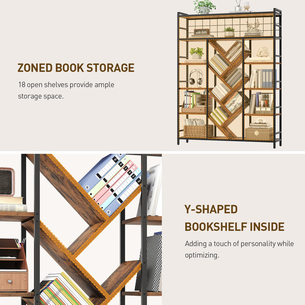 RALGEND Triple 6-Tier Bookshelf, Industrial Large Bookcase with 18 Open Display Shelves, Modern Tree Bookcase with Metal Frame and Hanging Function for Living Room, Home Office, Rustic Brown and Black