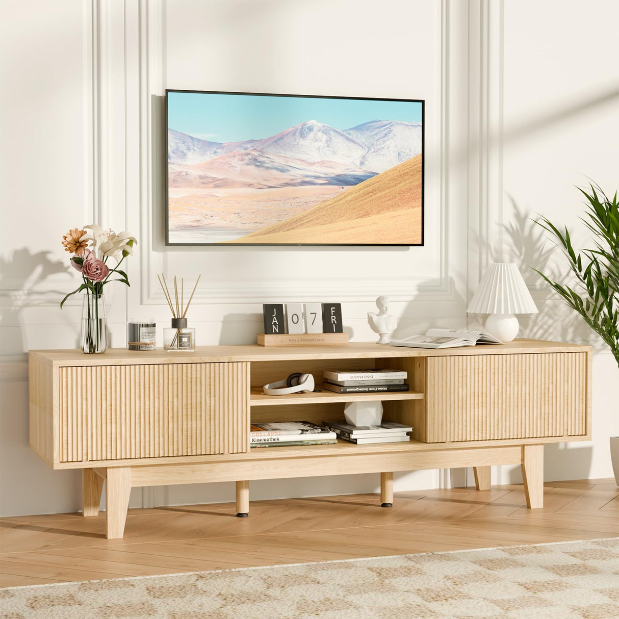 59" Mid-Century Modern TV Stand with Fluted Sliding Doors - Solid Wood Entertainment Center for 55/60/65 Inch TV, Adjustable Shelves, Boho Farmhouse Media Console for Living Room, Bedroom & Office.Oak SEALAMB