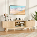 59" Mid-Century Modern TV Stand with Fluted Sliding Doors - Solid Wood Entertainment Center for 55/60/65 Inch TV, Adjustable Shelves, Boho Farmhouse Media Console for Living Room, Bedroom & Office.Oak SEALAMB