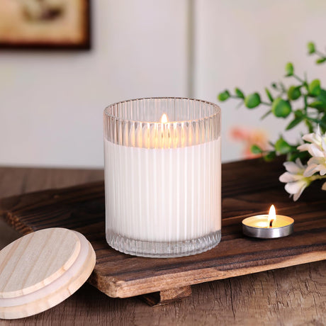 sunnyfuture 10 OZ Clear Candle Jars for Making Candles Set of 8, Ribbed Glass Candle Jars with Wood Lids and Labels, Candle Containers for DIY, Gifts, Home Decoration sunnyfuture