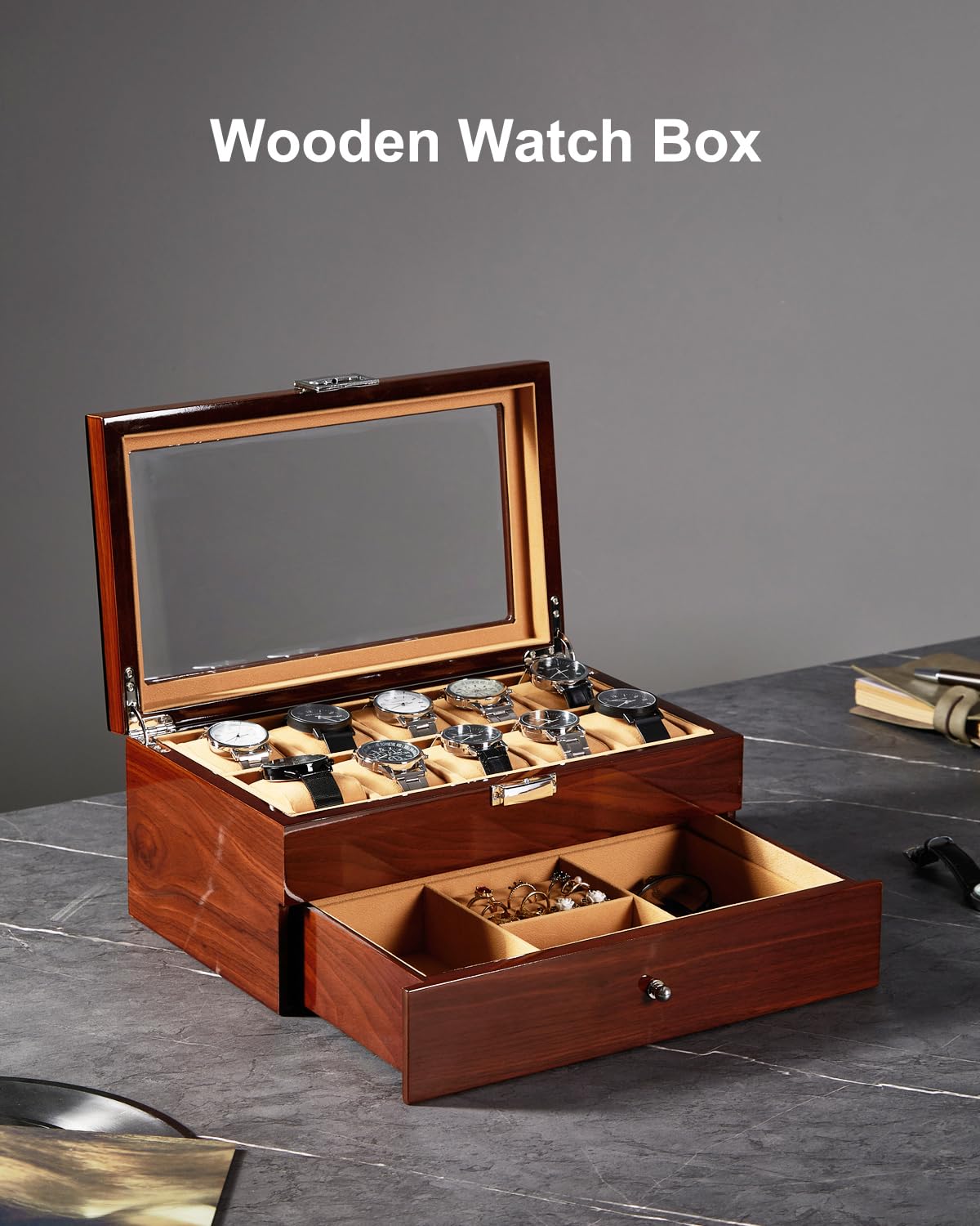 Homruilink 10-Slot Wooden Watch Box, Wood Watch Case with Drawer, Watch Display Box with Glass Lid, 2-Layer Watch Holder for Jewelry and Watch Storage for Men Women Homruilink
