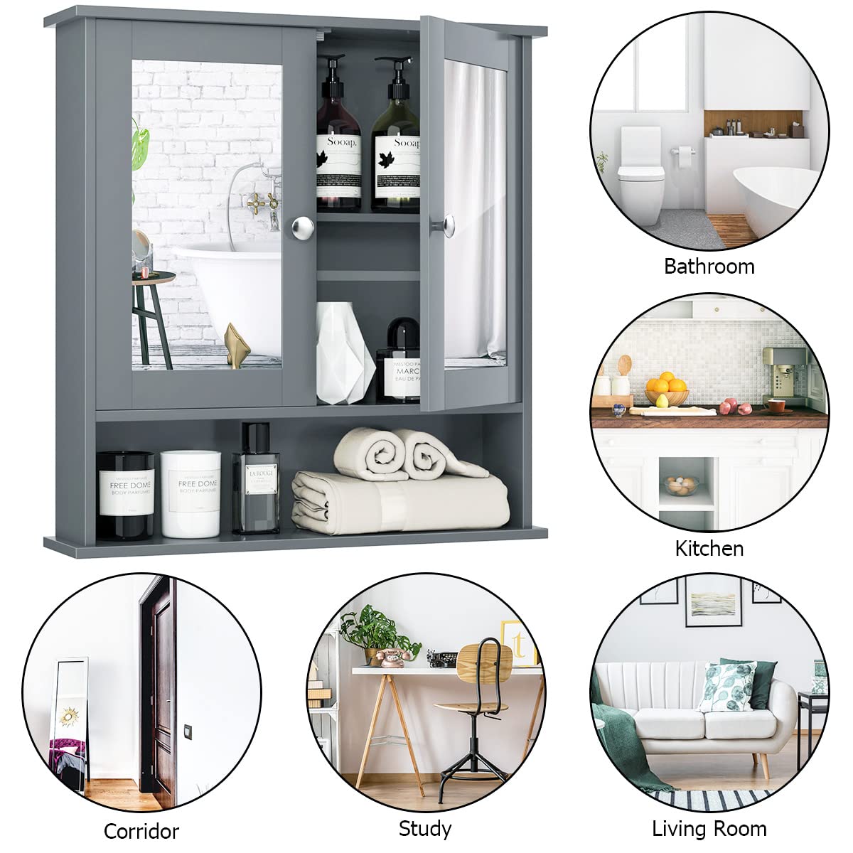 Tangkula Bathroom Medicine Cabinet with Mirror, Wall Mounted Wooden Hanging Organizer with Doors and Shelves, Bathroom Wall Mirror Cabinet (Mirror Doors, Gray) Tangkula
