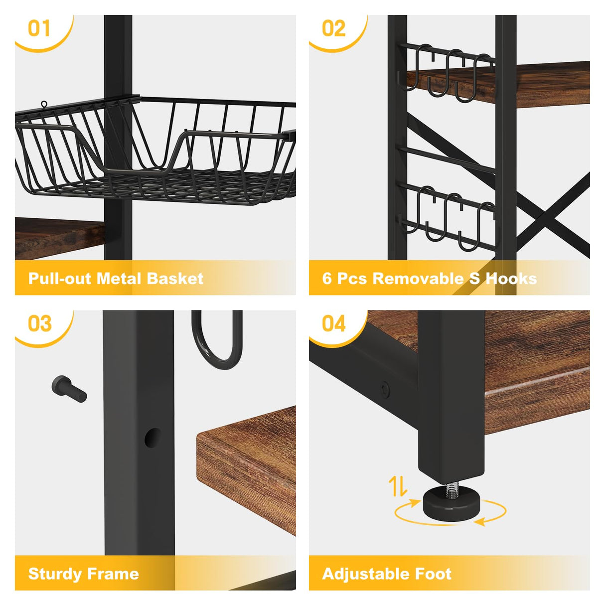 Homeiju Kitchen Island, Baker's Rack with Power Outlet, Microwave Stand, Coffee Bar with 3 Removable Wire Baskets, Kitchen Storage Rack with 6 S-Hooks for Spices, Pots and Pans - Rustic Brown Homeiju