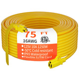HUANCHAIN Outdoor Extension Cord 75 Foot Waterproof, 16/3 Gauge Flexible Cold-Resistant Appliance Extension Cord Outside, 10A 1250W 16AWG SJTW, 3 Prong Heavy Duty Electric Cord Yellow, ETL huanchain