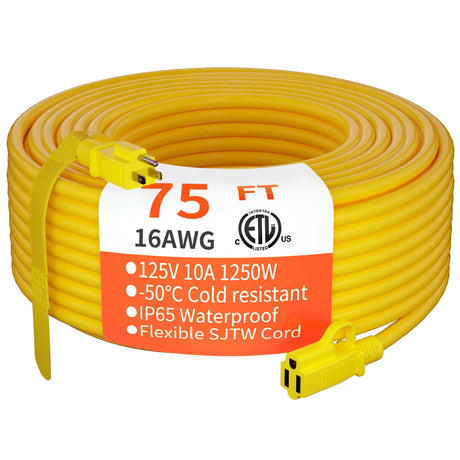 HUANCHAIN Outdoor Extension Cord 75 Foot Waterproof, 16/3 Gauge Flexible Cold-Resistant Appliance Extension Cord Outside, 10A 1250W 16AWG SJTW, 3 Prong Heavy Duty Electric Cord Yellow, ETL huanchain