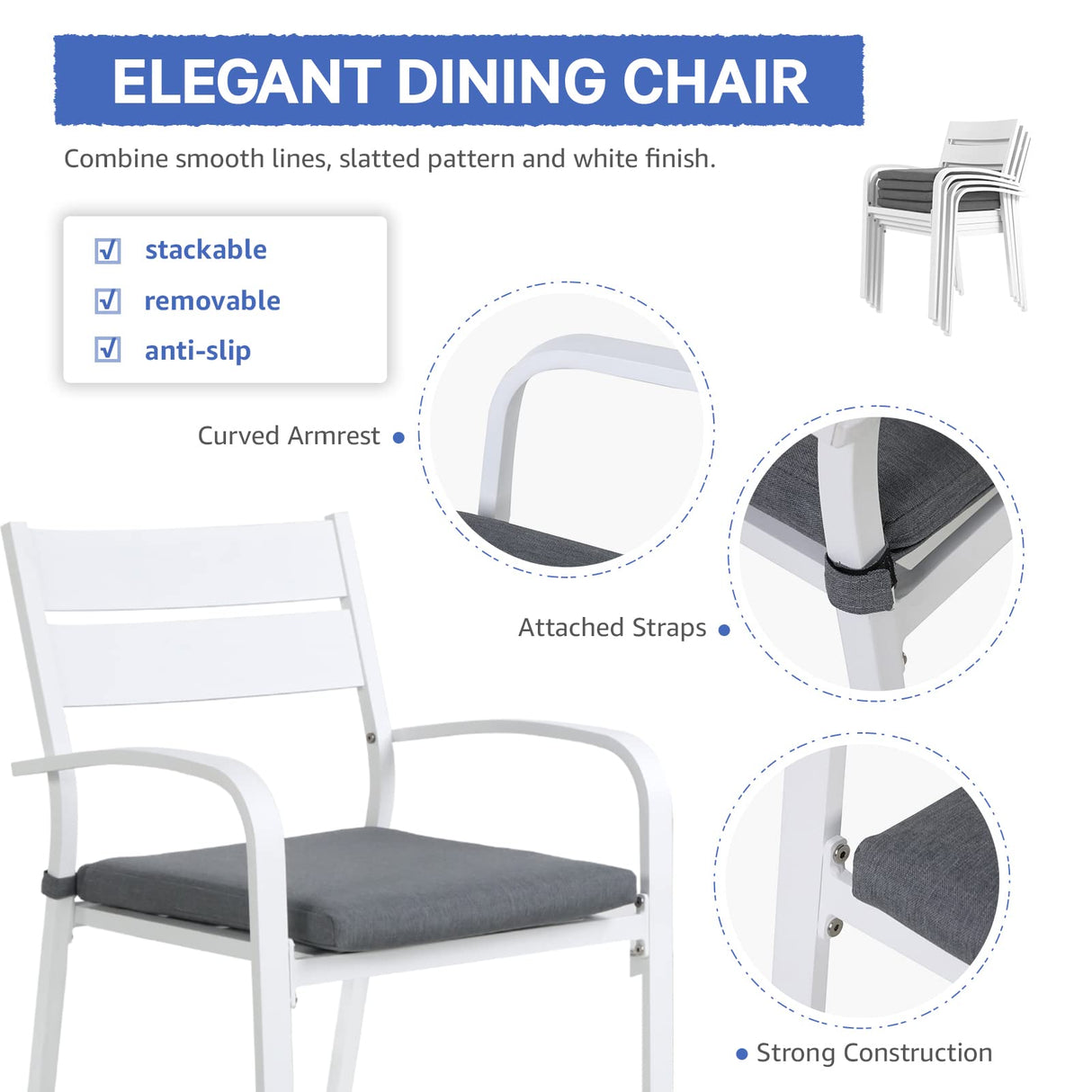 Soleil Jardin 7-Piece Outdoor Patio Dining Set, 35" - 71" Aluminum Expandable Outdoor Dining Table Set for 6, 6 Stackable Chairs with Gray Removable Cushions, White Soleil Jardin