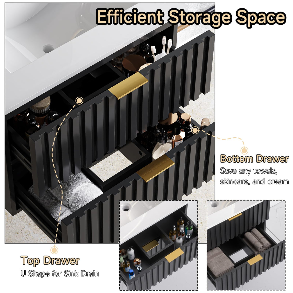 ONBRILL 24 Inch Bathroom Vanity with Sink Combo, Floating Bathroom Vanity with 2 Fluted Drawer & Metal Handles, Modern Wall Mount Bathroom Cabinet with Ceramic Integrated Sink for Small Space (Black) ONBRILL