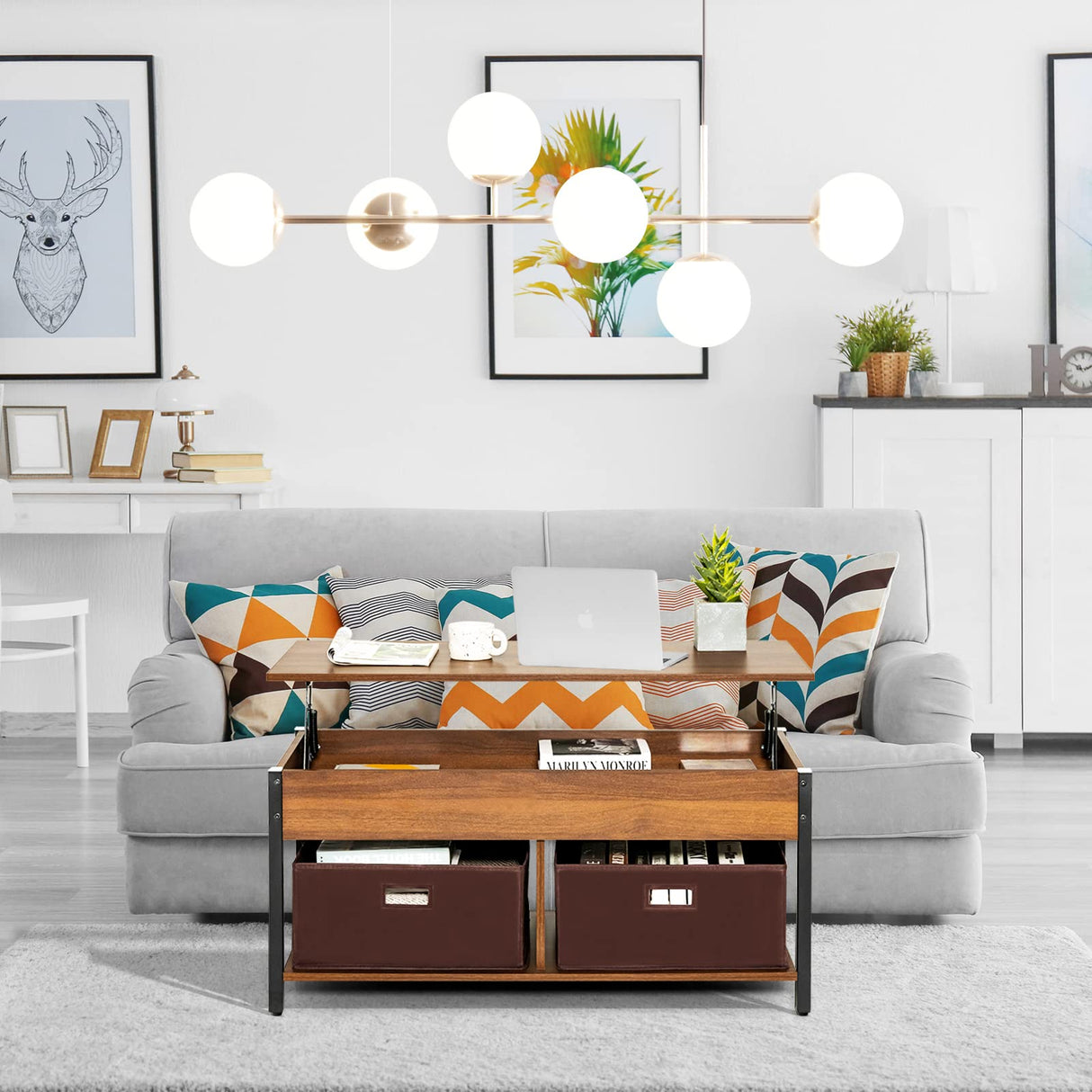 Tangkula Lift Top Coffee Table with Drawers, Multifunctional Pop-up Central Table with Lifting Tabletop, Concealed Compartment & 2 Folding Fabric Drawers, Home Living Room Furniture (Brown) Tangkula