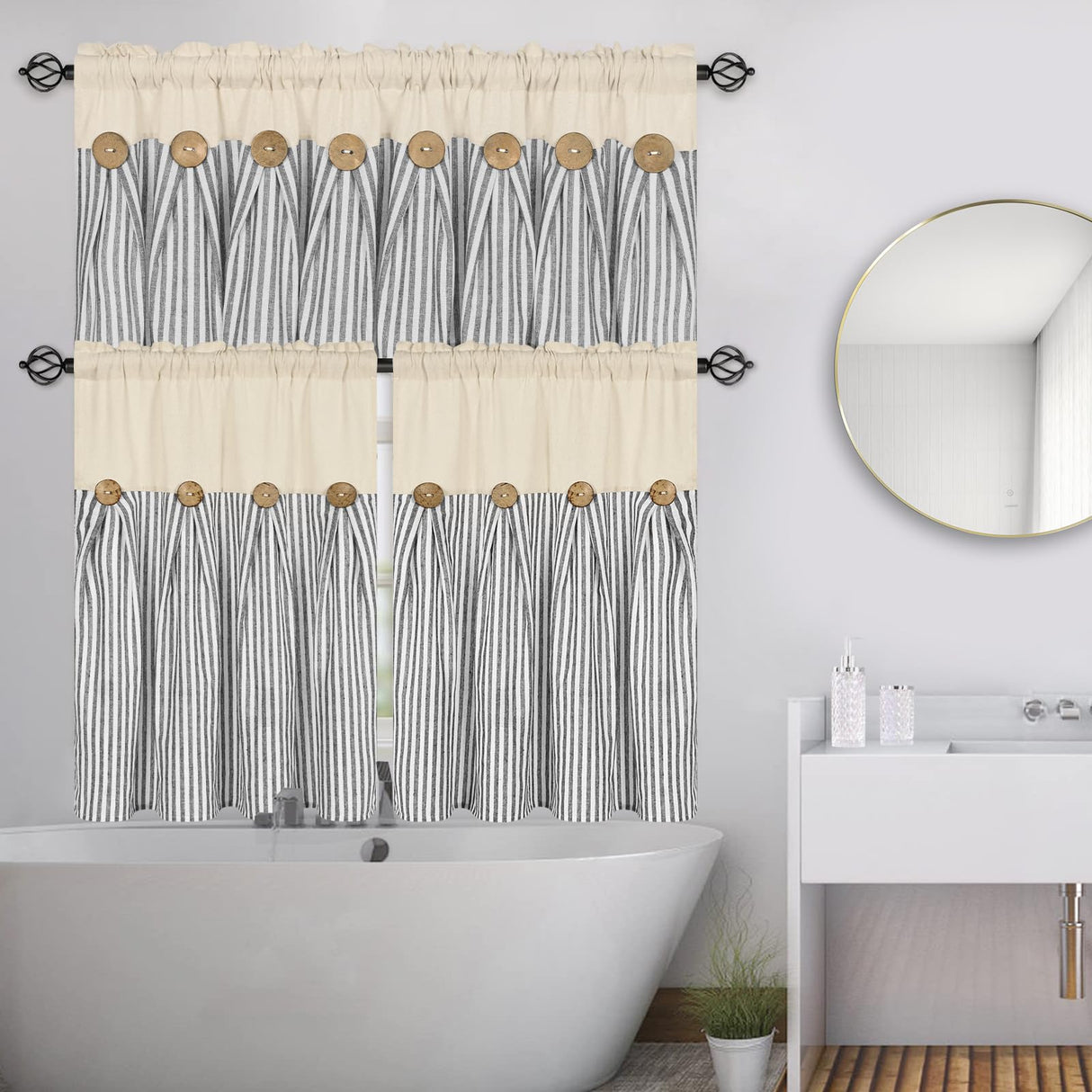 ASPMIZ Cotton Linen Kitchen Valance Curtains, Boho Rustic Button Linen Valances for Windows Farmhouse, Grey Stripe Valance Window Topper Treatment, Window Valances for RV Bathroom Cafe, 52 x 18 Inch ASPMIZ