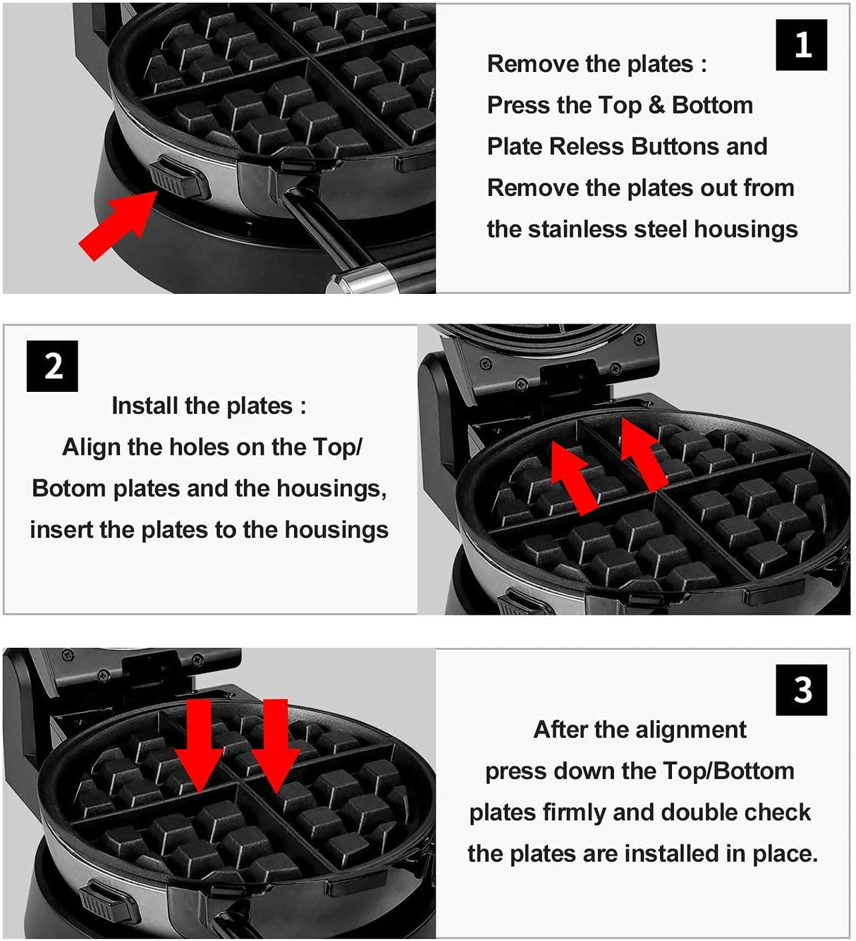 Health and Home 3-in-1 Waffle, Omelet, Egg Waffle Maker, 3 Removable Nonstick Baking Plates, Upgraded 360 Rotating Belgian Maker Health and Home