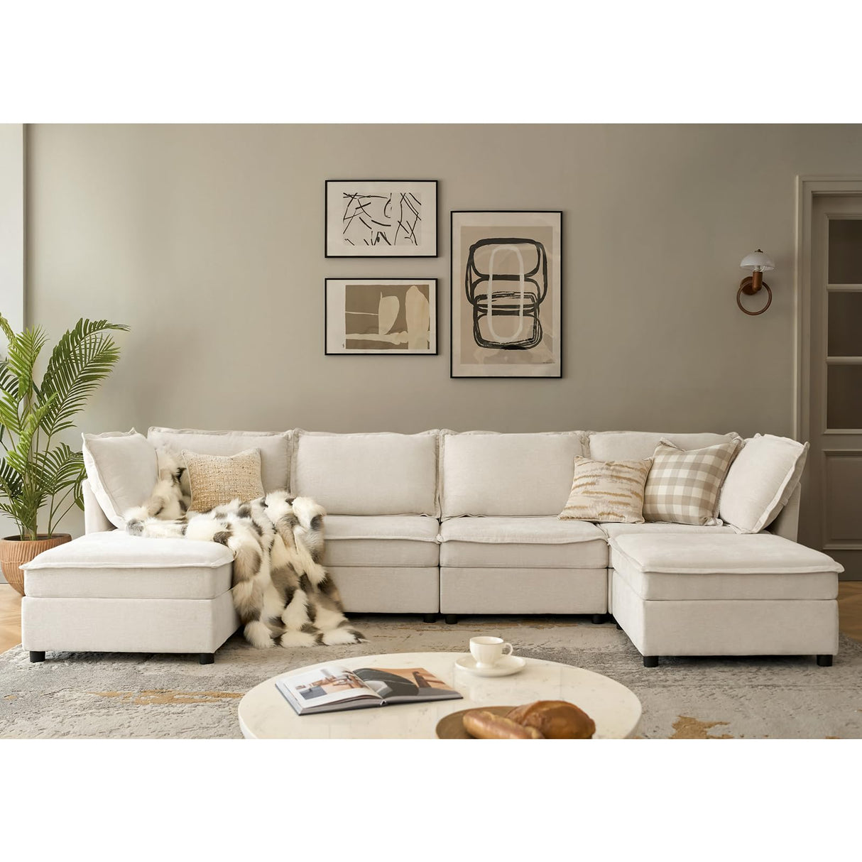 HULALA HOME 127'' Modular Sectional Sofa, Oversized U Shaped Couch with Storage Ottoman, Extra Deep Seat, Modern Comfy Chenille Sofa with Chaise, 6 Seat Convertible Couches for Living Room, Biege HULALA HOME