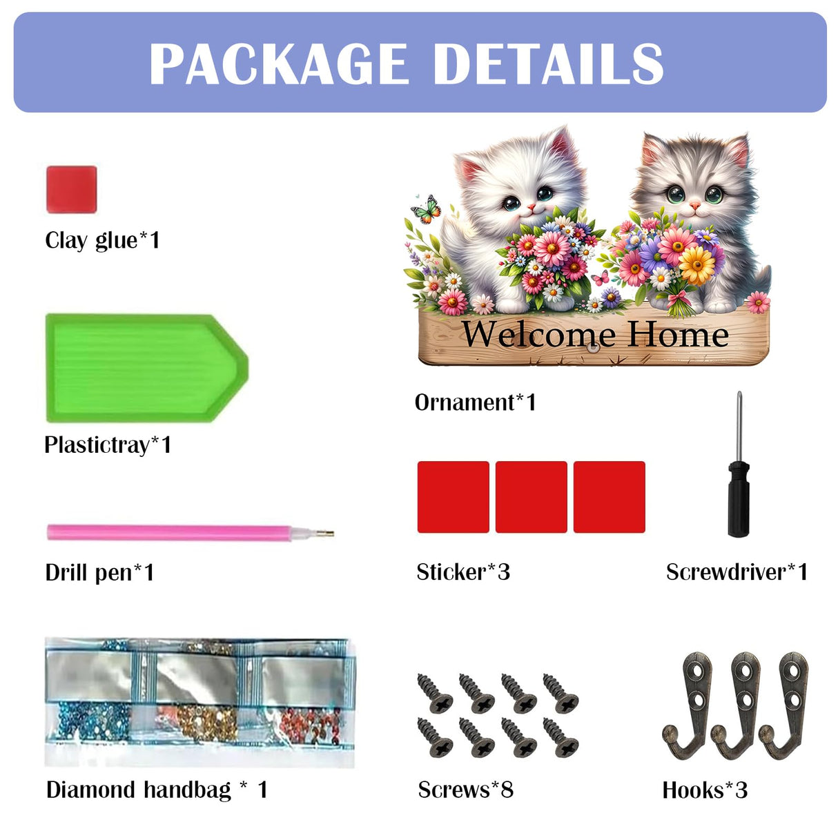 Diamond Art Kits for Adults, DIY Diamond Painting Key Holder for Wall with 3 Hooks for Hanging Keys, Sunglasses, Bag (Cats) WoodArtSupply