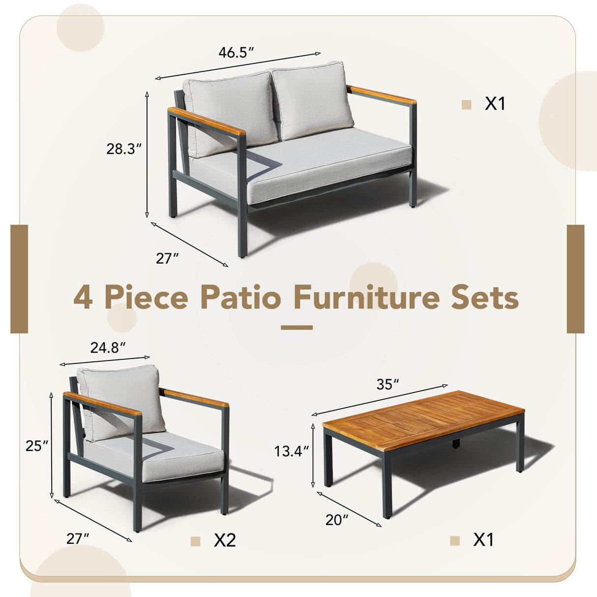 Devoko 4 Pieces Patio Furniture Sets Outdoor Conversation Set Acacia Wood Sofa Set with Coffee Table Thicker Sponge Cushion Devoko
