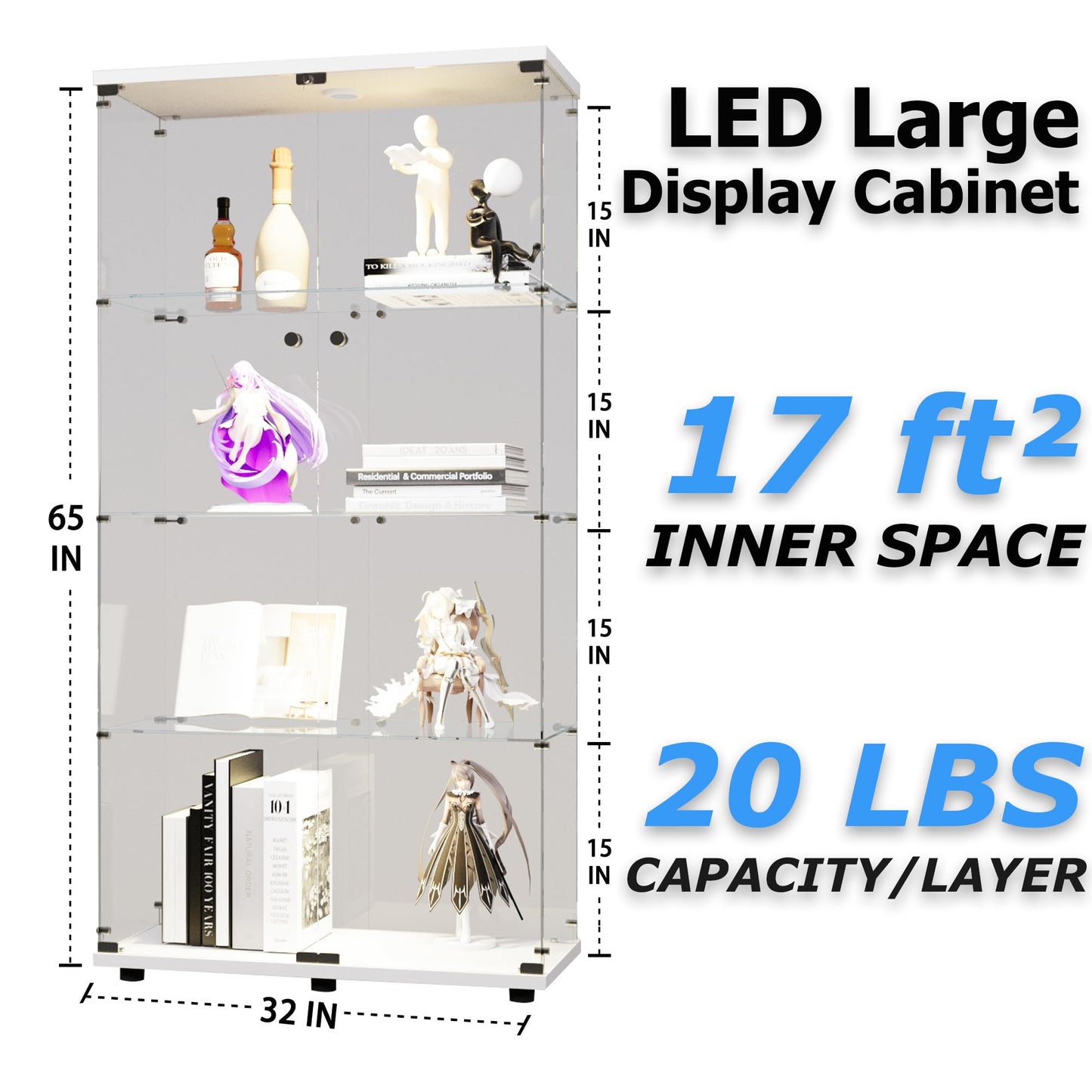 nifoti 64.5" H 4-Shelf LED Lights Glass Display Cabinet with Double Door,Modern Curio Cabinet Collection Display Case,Floor Standing Bookshelf Glass Case with Lock for Living Room,Home Office (White)