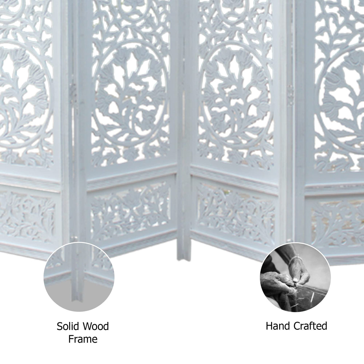 COTTON CRAFT Room Divider Wood Floor Screen - Kamal Antique White 4 Folding Panel 72x80 - Portable Reversible Functional Decorative Partition - Reversible Boho Freestanding Small Spaces Privacy COTTON CRAFT