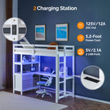 VINGLI Twin Loft Bed with L-Shaped Desk and 3 Storage Drawers, Solid Wood Single Bunk Gamer Bed with RGB LED Light Underneath,2 Charging Stations, White VINGLI