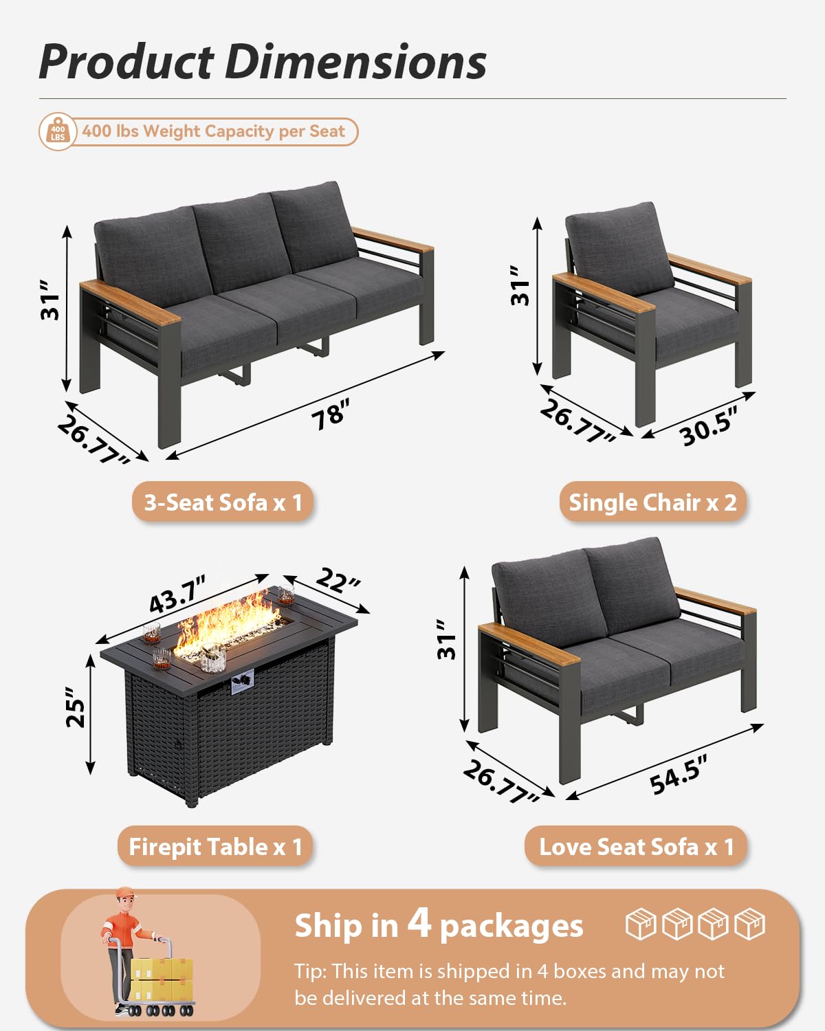 Aoxun Aluminum Outdoor Patio Furniture Set, 8-piece Outdoor Sectional with 44'' Propane Gas Firepit Table, Patio Conversation Sets with Upgraded Armrests and Cushions for Backyard, Garden and Poolside Aoxun