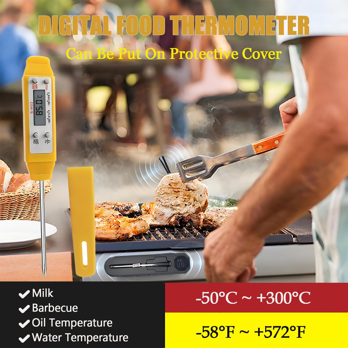 Ausenzup Meat Thermometer - Digital Food Thermometer for Cooking Kitchen - Automatic Calibration Pen Style Electronic Pocket Thermometer for Water Temperature, Barbecue (Yellow) Ausenzup