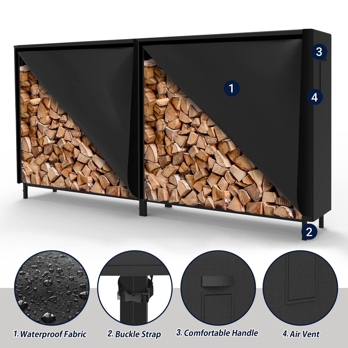 WALMANN 8ft Firewood Rack with Cover, Heavy Duty Firewood Rack With Weather Resistant 600D Oxford Fabric Cover, Indoor/Outdoor Wood Rack for Firewood WALMANN