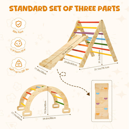 CoziBB Pikler Triangle Set, Montessori Toddler Climbing Toys Indoor, 5 in 1 Wooden Foldable Climbing Set with Arch Ramp, Triangle Climber, Pikler Triangle Gym Inside for Kids 2-4, Rainbow