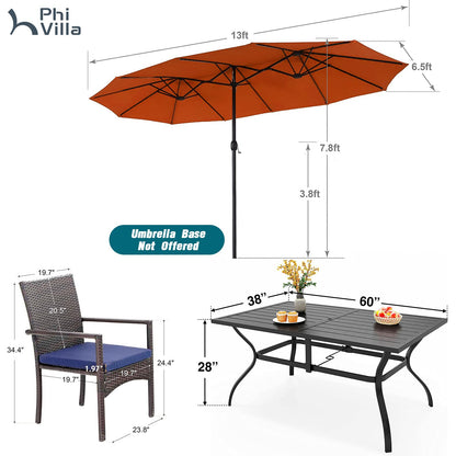 PHI VILLA 7 Piece Patio Dining Set with Umbrella, 60” Rectangular Metal Dining Table & 6 Cushioned Rattan Wicker Chairs & 13ft Large Red Umbrella for Outdoor, Deck, Yard, Porch - WoodArtSupply